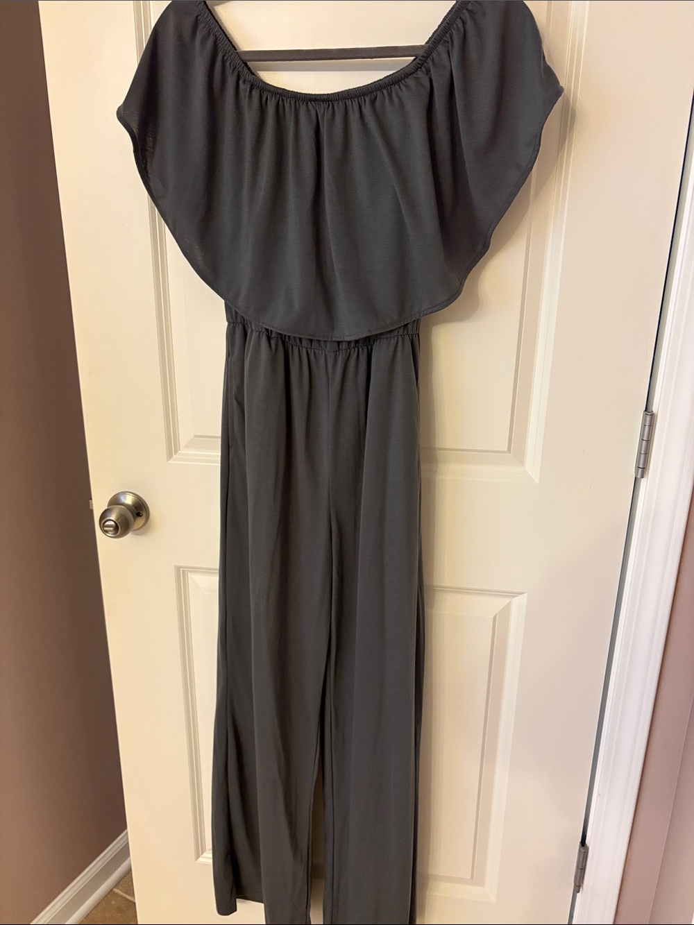 A Classy Chic Boutique Charcoal Gray Off-Shoulder Wide-Leg Jumpsuit